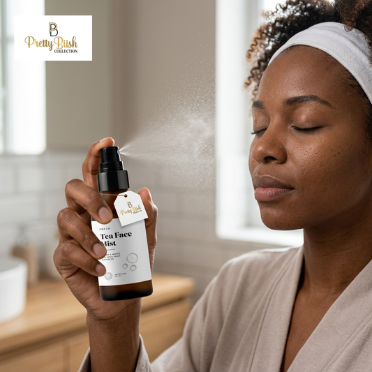 AI-generated illustration of a woman with brown skin and curly hair spraying Tea Face Mist with her eyes closed.