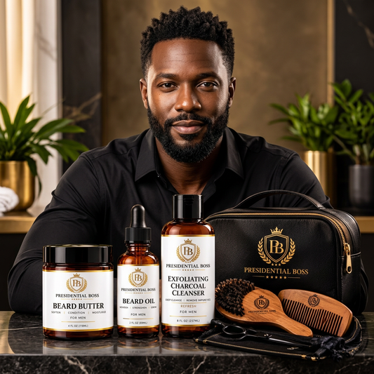 AI-generated portrait of a bearded man behind Presidential Boss products, a grooming bag, brush and comb.