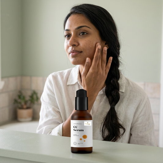 AI-generated illustration of a woman with a dark braid pressing her cheek beside a Citrus CC Serum bottle.