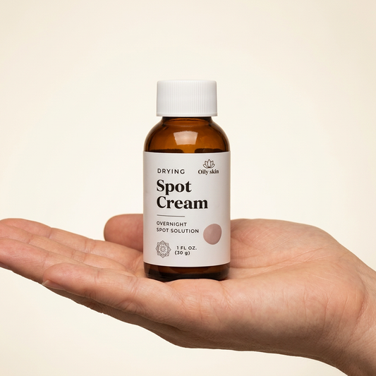 AI-generated scale illustration of a Drying Spot Cream bottle resting on an open palm.