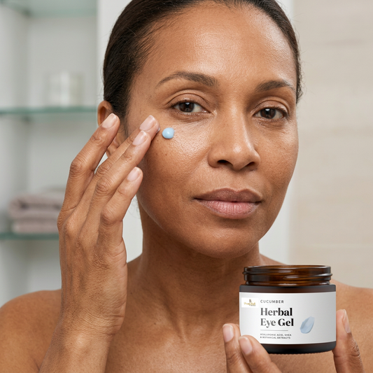 AI-generated application illustration of a woman dabbing blue gel below one eye while holding the eye gel jar.