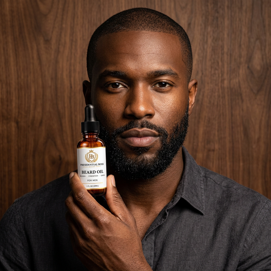 AI-generated portrait of a man with a short beard holding a Presidential Boss Beard Oil dropper bottle.