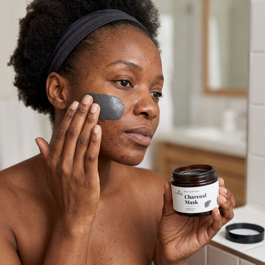 AI-generated illustration of a woman applying a gray charcoal mask to her cheek while holding an open jar.