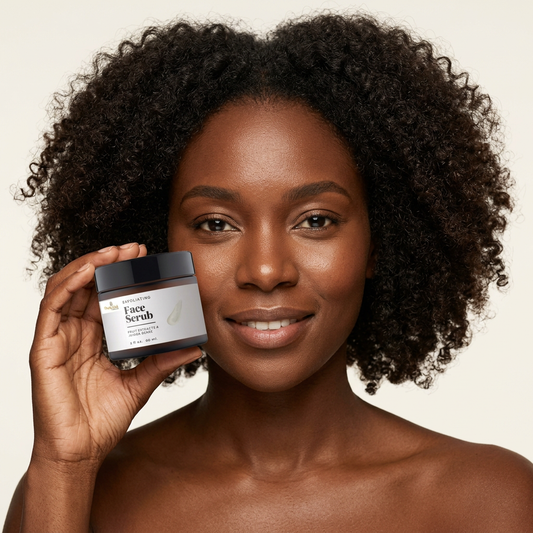 AI-generated portrait of a woman with curly hair holding an Exfoliating Face Scrub jar beside her face.