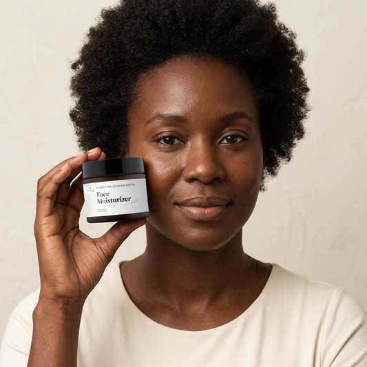 AI-generated portrait of a woman with natural curly hair holding a Face Moisturizer jar beside her face.