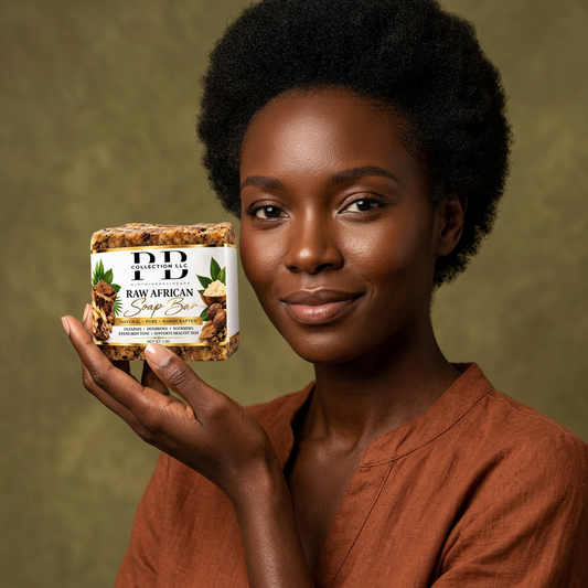 AI-generated portrait of a woman with natural afro hair holding a wrapped Raw African Soap Bar.