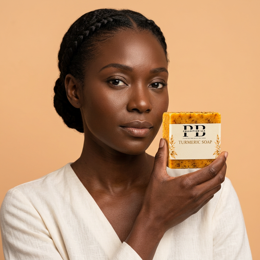 AI-generated portrait of a woman with a braided updo holding a golden turmeric soap bar beside her face.