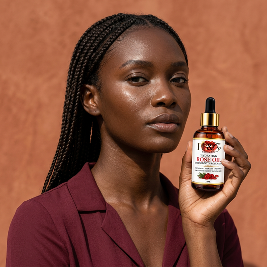 AI-generated portrait of a woman with braids in a burgundy blouse holding a Hydrating Rose Oil dropper bottle.