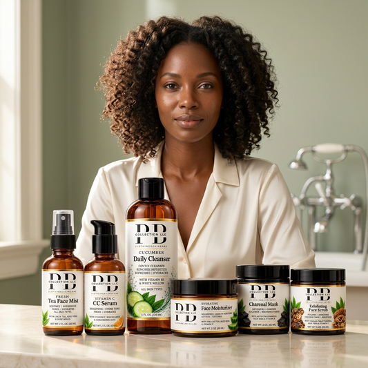 AI-generated portrait of a woman with curly hair seated behind six PB skincare products on a bathroom counter.